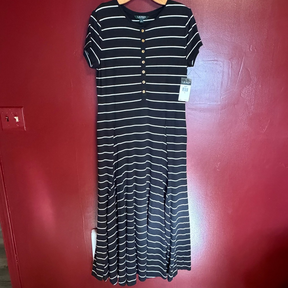 Lauren Ralph Lauren Black White Striped Henley Maxi Dress‎ Size L NWT Chic
